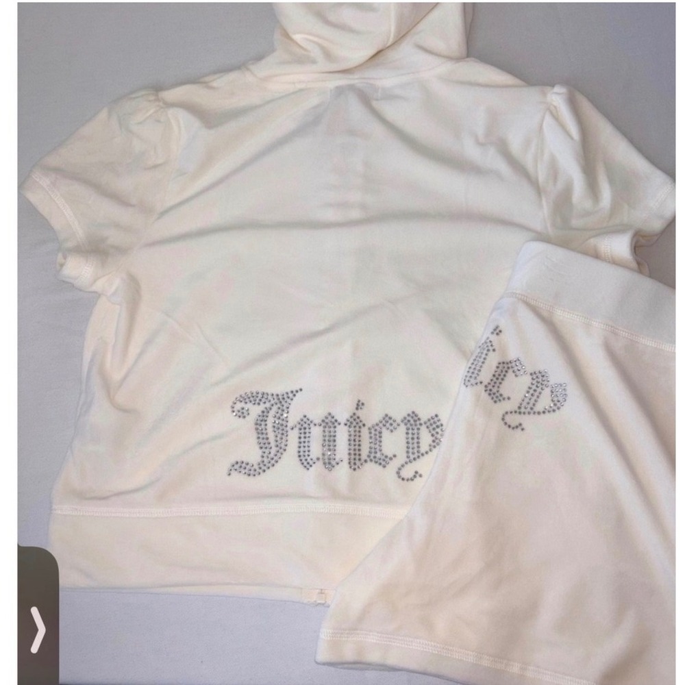 Juicy Couture Velour Short Set XL Cream New Rhinestone Logo Short Sleeve Hoodie